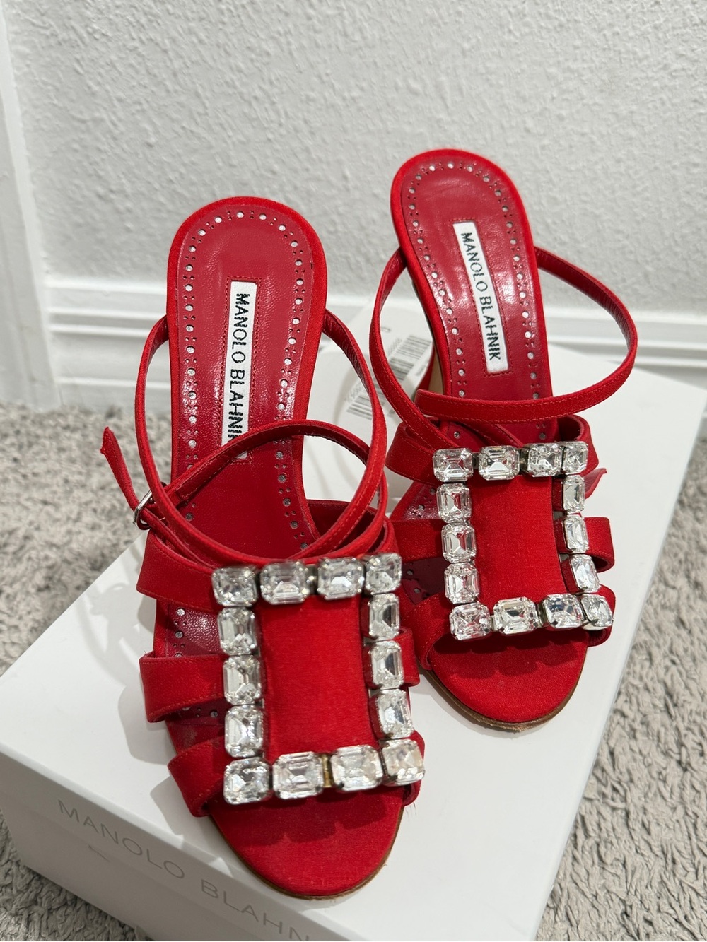 Manolo Blahnik Red Crystal-Embellished Open-Toe Heels